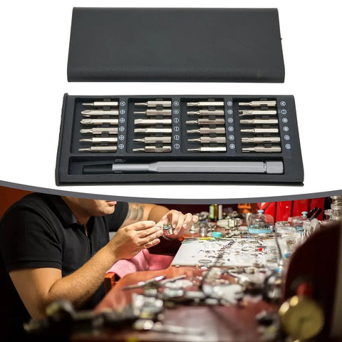 Cool 24 In 1 Precision Magnetic Screwdriver Kit With Aluminum Handle And Nickel Plated Bits For Phone PC Repair, Eyeglasses, Watches, And Electronics Fixing Jobs That Feel Like A Pro Move. Open case with 24-bit set and aluminum handle for watch repair.