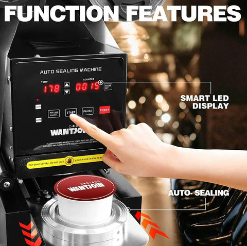 Hassle Free Commercial Cup Sealer Machine With Smart Heat Preservation Tech And Quick Auto Manual Switching showing smart LED display and start function.