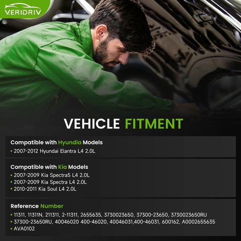Mechanic inspecting under the hood, compatible vehicle fitment list for 11311N Direct Fit Plug And Play Alternator Replacement For 2007 2012 Hyundai Elantra 2.0L 2010 2011 Kia Soul 2.0L 2007 2009 Spectra 2.0L L4 Replaces 2655635 600162 AVA0102 3730023650 4004603 40046020.