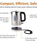 Fast Boil Electric Kettle For Tea And Coffee, Stainless Steel BPA Free 1L, with auto shut off, boil dry protection, shown with power base