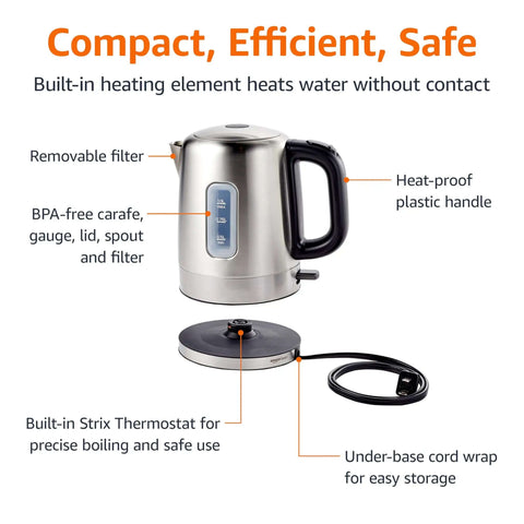 Fast Boil Electric Kettle For Tea And Coffee, Stainless Steel BPA Free 1L, with auto shut off, boil dry protection, shown with power base