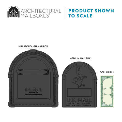 Size comparison of Hillsborough Heavy Duty Post Mounted Mailbox In Black with dollar bill and medium mailbox for scale.