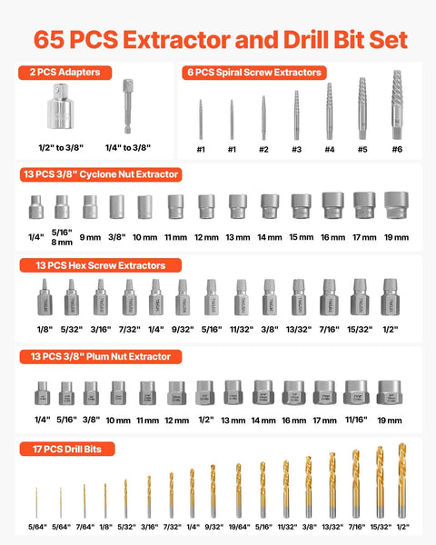Smooth Operator 65 Piece Bolt Extractor Kit And Screw Removal Set With Left Hand Drill Bits for various sizes of nuts and screws.