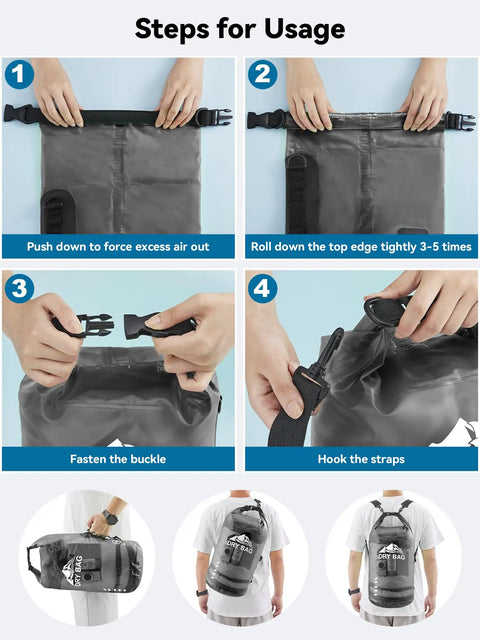 Steps to use Waterproof Dry Bag 10L Roll Top Unisex Grab and Go Outdoor Gear for Travel Beach Boating Kayaking Bag with Phone Case.