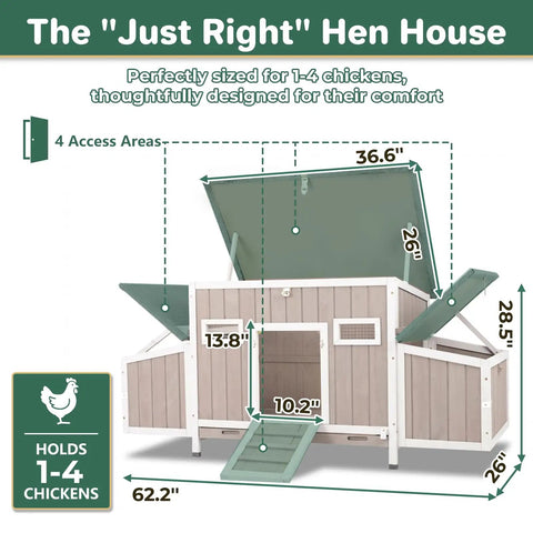 Diagram of Ultimate 62 Inch Chicken Coop For 2 To 4 Chickens With Four Nesting Boxes Roosting Bars Openable Waterproof Roof