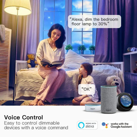 Woman using Alexa voice control with Dimmable Smart Plug 2 Pack With Sunrise And Sunset Simulation, perfect for lamps and routines.