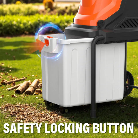 Powerful 15-Amp Wood Chipper Shredder With 50L Collection Bin in garden, highlighting safety locking button and bin removal