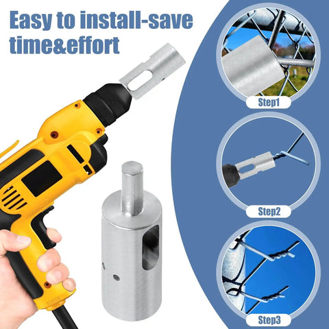 EZ Twist Ties Drill Chuck Tool For Chain Link Fence, Fits 3 Eighths Inch Drills, installation steps, attached to drill