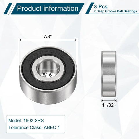 Three Pack Deep Groove Ball Bearings 1603 2RS Rubber Sealed Chrome Steel 5/16 By 7/8 By 11/32 Inch High Load Low Friction Bearings For Hobby Machining And DIY Projects, side view