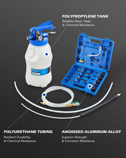 Oil Extractor Pump And Dispenser Kit 6L Pneumatic Bleeder Set with adapter case, hoses, polypropylene tank, and tubing.