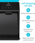 Front view of Electric Touch Countertop Bottleless Water Cooler Dispenser with Three Temperature Settings, black, UV LED cleaning features.