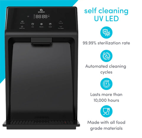 Front view of Electric Touch Countertop Bottleless Water Cooler Dispenser with Three Temperature Settings, black, UV LED cleaning features.