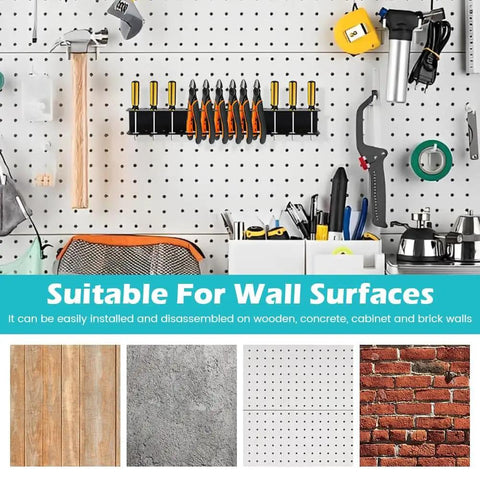 Wall Mounted Screwdriver And Pliers Organizer With 18 Slots, Carbon Steel Heavy Duty Tool Rack For Small Tools, shown on pegboard