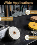 Super Thick 2 Pack 6 Inch Cotton Buffing Wheels Featuring 5/8 Inch Arbor Mount, showing white and yellow pads for versatile applications.
