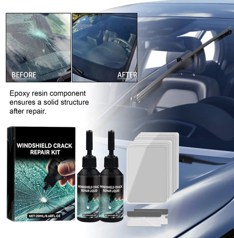 Windshield Pro Chip Repair Kit With Nano Glass Resin For Chips And Cracks Upgraded 2026 All Crack Types Fix Rock Damage Mirrors Glasses Auto Glass 2 Pack Now shown with repair liquid, tools, and before-after windshield comparison.