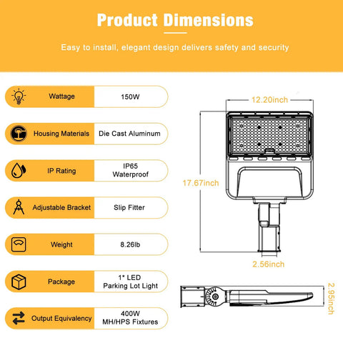 150W LED Parking Lot Light With 21,000 Lumens, 5000K Daylight White, IP65 Waterproof Outdoor Shoebox Flood Light, 100-277V, Dusk to Dawn Photocell, Adjustable Slip Fitter for Parking Lots, Roadways, and Yards