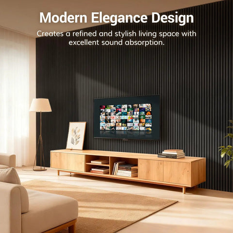 Heavy Duty Rock Solid Wood Veneer Wall Panels with Game Changing Acoustic Treatment and Superior Sound Dampening for Bedroom or Studio Setup 4 Pack 47.2 X 23.6 Inch Acoustic Panels in stylish living space.
