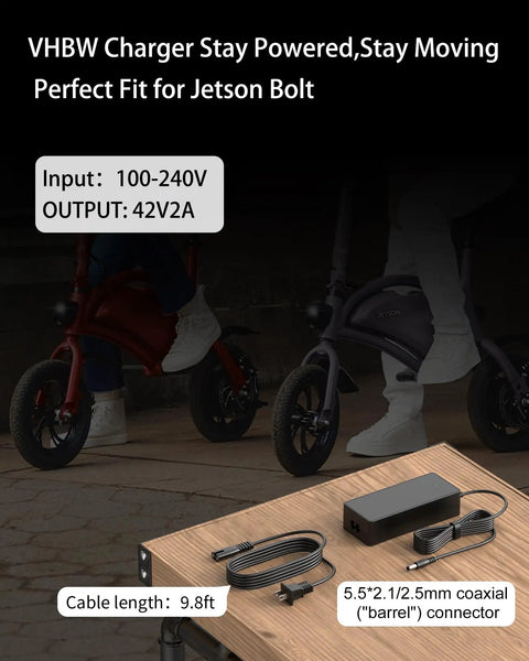 42V DC Charger For Jetson Electric Bikes And Scooters, 100-240V AC Input, 2A Max Output, 5.5x2.5mm Barrel Plug on table