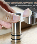 Pro Grade 20mm Bench Dogs Set With 38mm Rise For MFT Workbench, close-up of stainless steel planing stop dog in hand