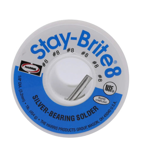 Stay-Brite #8 silver-bearing solder spool, 1 lb, labeled for professional use with product details visible, USA made.
