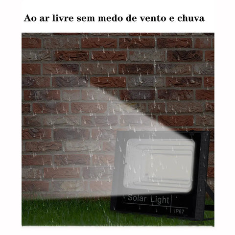 JUDYSSY Solar Flood Light Outdoor, Led Light Solar Flood Light Sensor Solar Pa, Black,80W EU shown in rain against a brick wall.