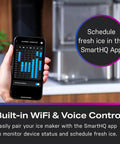 User scheduling fresh ice on smartphone app for Countertop Nugget Ice Maker With 38 Lbs Daily Capacity And One Gallon Tank.