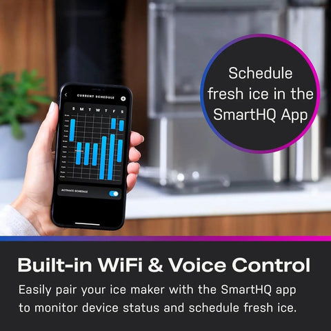User scheduling fresh ice on smartphone app for Countertop Nugget Ice Maker With 38 Lbs Daily Capacity And One Gallon Tank.