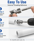 Easy to use external threading steps for Essential 3 Pvc Pipe Threader Set with 1/2 Inch, 3/4 Inch, and 1 Inch durable alloy steel heads.