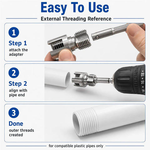 Easy to use external threading steps for Essential 3 Pvc Pipe Threader Set with 1/2 Inch, 3/4 Inch, and 1 Inch durable alloy steel heads.
