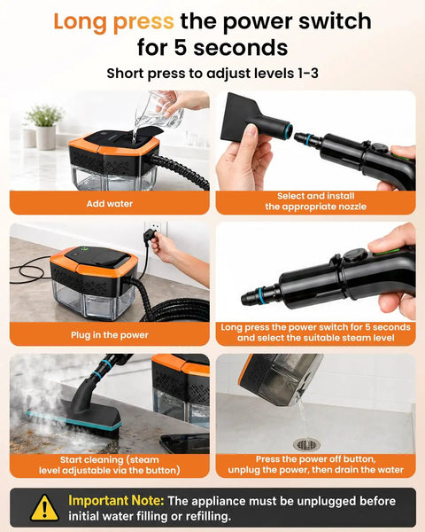 Powerful Handheld Steam Cleaner 2500W High Temp Wipes Away Grease And Grime Fast With 12 Accessories Portable design with nozzle options.