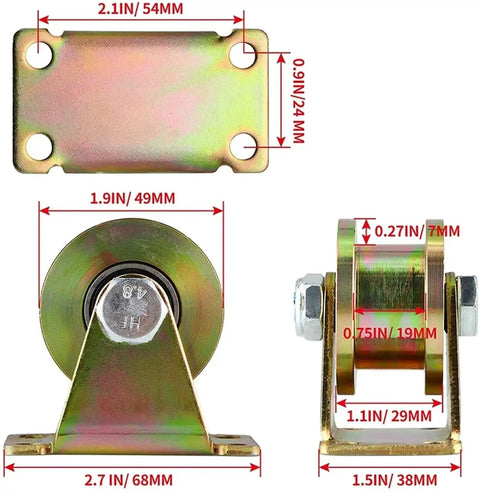 Top Shelf Heavy Duty V Groove Wheel And Sliding Gate Casters with dimension markings, showing steel rigid roller for U shaped tracks.