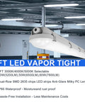Vapor Tight LED Shop Light Four Foot All In One 40/50/60W Selectable, IP66 Waterproof, shown in parking garage setting