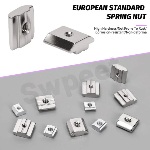 Assorted nickel-plated carbon steel T sliding nuts in various sizes for 2020 aluminum profiles DIY makers CNC router build rails and 3D printer.