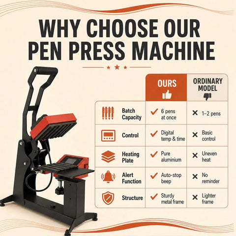 ErShangMao 350w Electric Pen Heat Press Machine With Six Position Aluminum Platen showcasing features and comparisons.