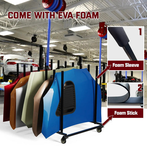 Heavy Duty Vehicle Hood Storage Cart With Six Hood Slots That Maximizes Space For Auto Shops, Space Saving Hood Rack On Wheels