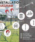 Installation diagram of 55Ft Batting Cage Cable Kit showing snap hooks, nylon pulleys, eye plates, and turnbuckles.