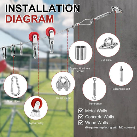 Installation diagram of 55Ft Batting Cage Cable Kit showing snap hooks, nylon pulleys, eye plates, and turnbuckles.