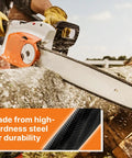 Chainsaw cutting wood with Three Piece Chainsaw Sharpening File Set With Easy Grip Plastic Handles, highlighting durability