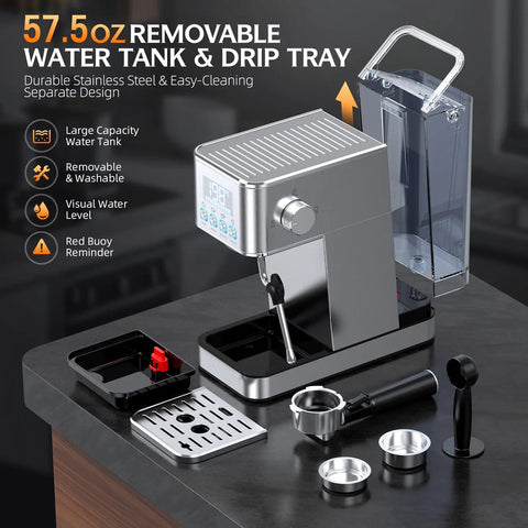 Level Up Your Home Barista Game With This Compact Stainless Steel Espresso Machine Packing A Mighty 20 Bar Pump And Smart Steam Frother For Silky Lattes And Smooth Daily Sips Anytime showing removable water tank and drip tray.