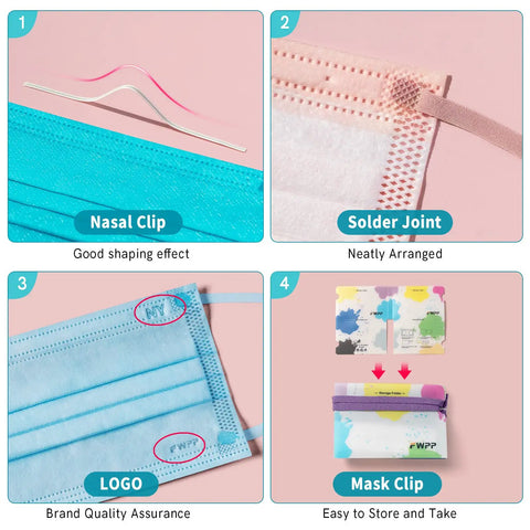 4 Layer Individually Wrapped Disposable Face Masks 50 Pcs Rainbow Color With 5mm Wide Earloops, nasal clip, brand logo close-up