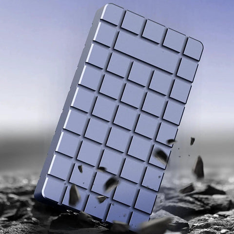 No Sweat M2 NVMe SSD Enclosure Rugged Aluminum USB4 External Drive Case displayed on a rocky surface.