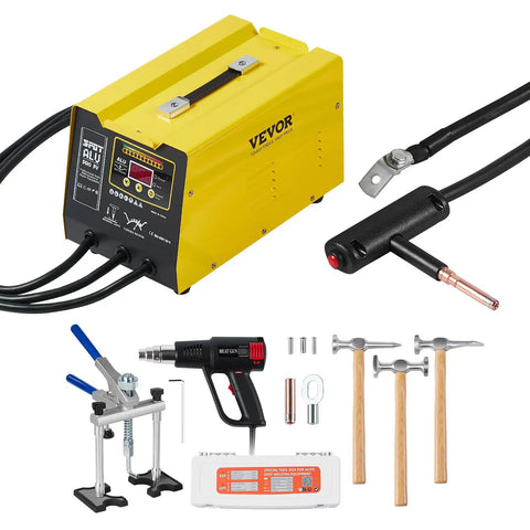 Spot Weld Dent Puller Kit With 300W Stud Welder, heat gun, tools, and manual; 110V auto body repair for aluminum car panels.
