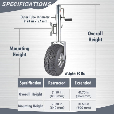 Beach Boat Swivel Trailer Tongue Jack, 2000 lb capacity, 13.38in heavy-duty wheel, silver.