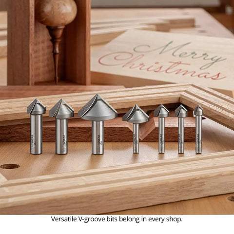 7 Piece 90 Degree V Groove Router Bit Set Featuring Premium Carbide Cutters In Quarter And Half Inch Shanks for engraving and miter joinery.
