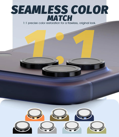 EZ Install Case Friendly 9H Tempered Glass Camera Lens Protector for iPhone Pro showing seamless color match