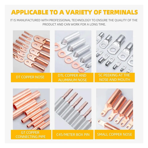 Various terminals including DT copper nose and aluminum nose for Heavy Duty Hydraulic Crimping Pliers For Electric Terminals And Power Cables.