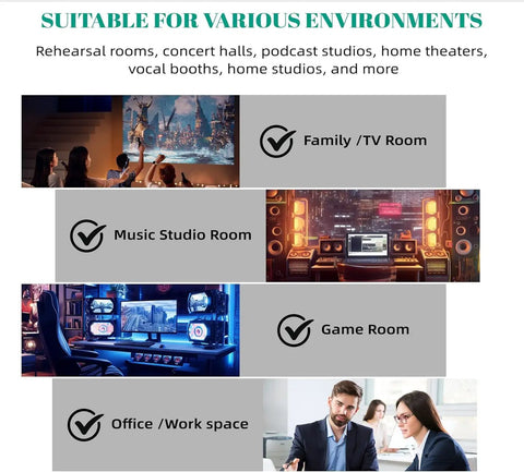 Environments suitable for High Density Egg Crate Acoustic Foam Panels For Walls 48 By 24 By 2 Inches Pro Grade Soundproofing.