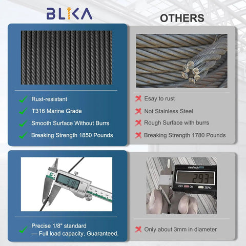 Comparison of 500 Ft Black Stainless Steel Cable Sleek Dope Look One Eighth Inch T316 Marine Grade Wire Rope Seven By Seven Strand