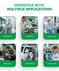 Cleanroom wipes 6-panel infographic showing uses in Cleanroom Laboratory Electronics Mechanics Automotives Instruments