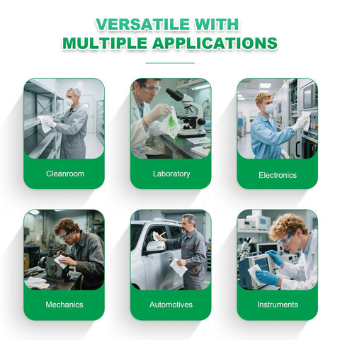 Cleanroom wipes 6-panel infographic showing uses in Cleanroom Laboratory Electronics Mechanics Automotives Instruments